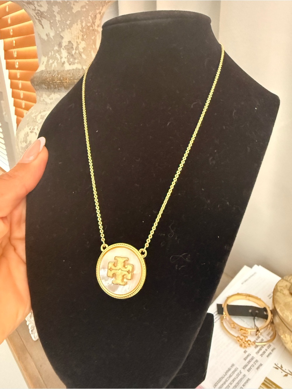 Tory Burch Gold-Tone Mother-of-Pearl Logo Pendant Necklace - Picture 4 of 6